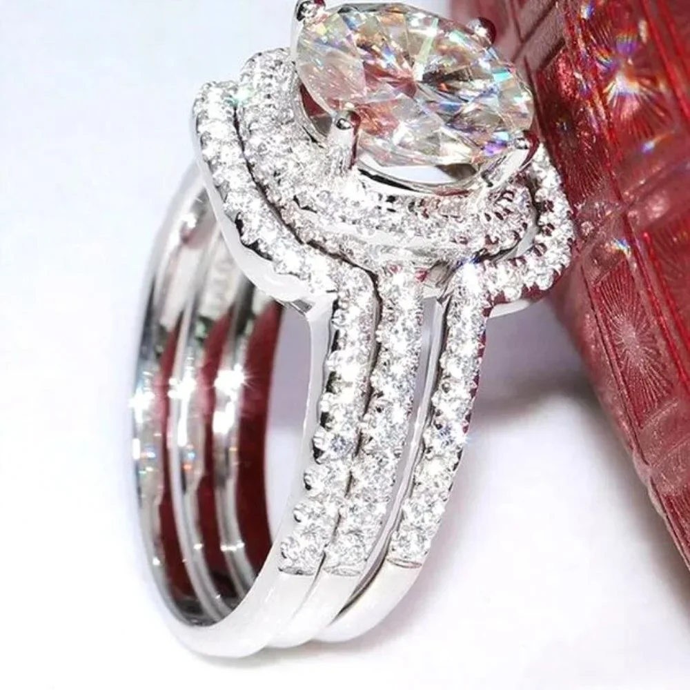 😍NEW 14K WHITE GOLD 3PCS/SET HALO BRIDAL STACK 💎DIAMOND RING SET, L121